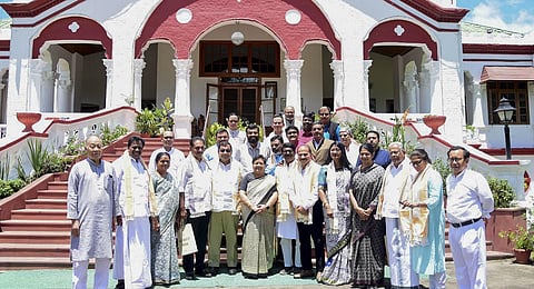 A delegation of MPs from the opposition alliance 'INDIA' meet with Manipur Governor Anusuiya Uikey, at Raj Bhavan, in Imphal, Sunday, July 30, 2023. (Photo | PTI)