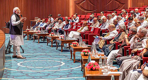 Prime Minister Narendra Modi addresses a meeting of the Union Council of Ministers at the newly built convention centre at the Pragati Maidan in New Delhi, Monday, July 3, 2023. (PTI)