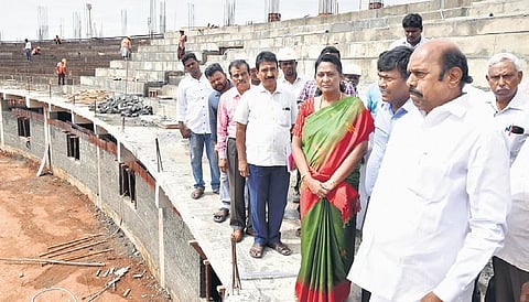Minister for Public Works Department E V Velu inspecting the construction of Jallikattu stadium at Keelakarai village near Alanganallur | Express