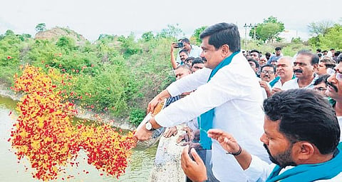 R&B Minister Vemula Prashanth Reddy performs special puja at Uppuluru in Kamammarpally mandal on Thursday
