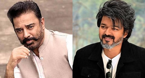 Tamil cinema superstars Kamal Haasan and Thalapathy Vijay. (Photos | Twitter)