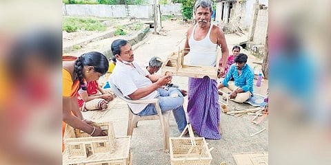 Gedam Kiran at his bamboo articles workshop with members of the Kolam tribe in Adilabad, and below, a dress made from bamboo