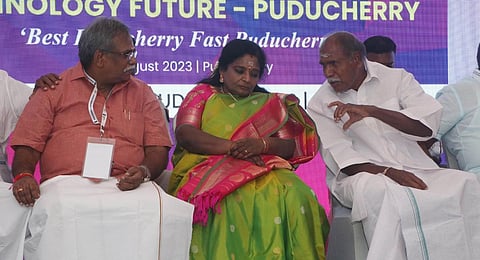 Chief Minister N. Rangasamy, shares his words with Lt. Governor Dr. Tamilisai Soundararajan.(Photo | Express)