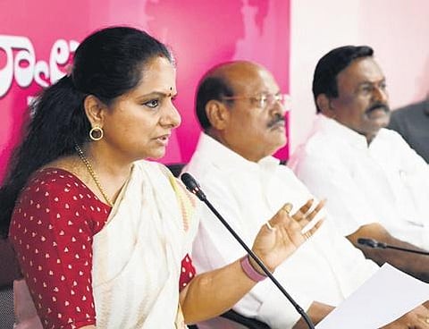 BRS MLC K Kavitha addresses the media in Hyderabad on Thursday | Vinay Madapu