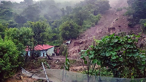 A house buried under mud following a cloudburst on Sunday night, in Solan district, in Himachal Pradesh, Monday, Aug. 14, 2023. (Photo | PTI)