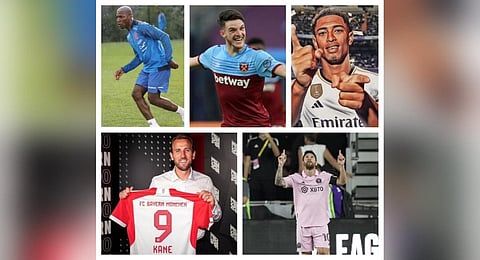 A collage of Moises Caicedo, Declan Rice, Jude Bellingham, Harry Kane and Lionel Messi.