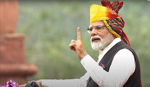 Prime Minister Naraendra Modi speaks during his address on the country's 77th Independence Day, in New Delhi, Tuesday, Aug. 15, 2023. (PTI)