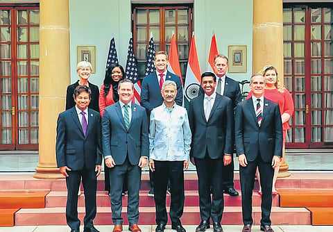 External Affairs Minister S Jaishankar and US Congress delegates after a meeting in New Delhi on Wednesday. (Photo | PTI)