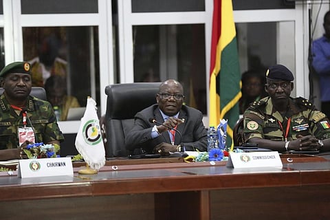 ECOWAS commissioner Abdel-Fatau Musah (C) speaks during a meeting of the ECOWAS Committee of Chiefs of the Defence Staff, in Accra, Ghana, Friday, Aug. 18, 2023. (Photo | AP)
