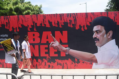 A visual from DMK's anti-NEET strike in Chennai on August 20, 2023