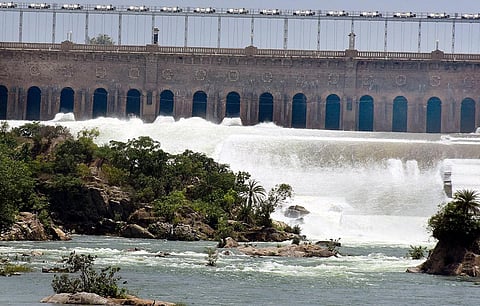 File photo of water being released from crest gates of KRS reservoir. (Photo | Udayashankar S)