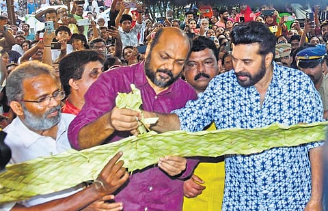 Actor Mammootty and Industries Minister P Rajeeve during the launch of ‘Krishikkoppam Kalamassery’ programme on Sunday. (Photo | Express)