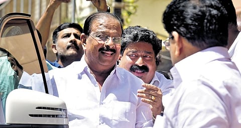 State Congress president K Sudhakaran reaches ED office in Kochi to appear for questioning in the money laundering case involving conman Monson Mavunkal on Tuesday. (Photo | A Sanesh)