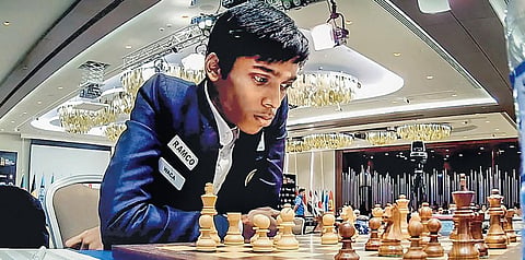 R Praggnanandhaa holds Magnus Carlsen in first game in the World Cup final.