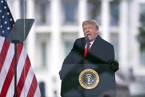 FILE - US President Donald Trump speaks during a rally protesting the electoral college certification of Joe Biden as President in Washington, on Jan. 6, 2021. (Photo | AP)