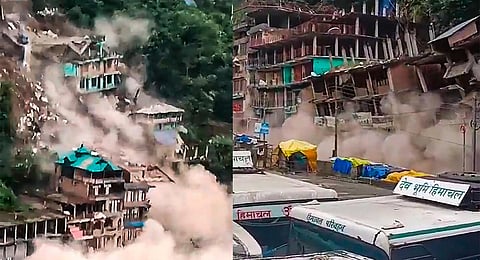 Buildings collapse due to a rain-triggered landslide at Anni town, in Kullu district, Thursday, Aug. 24, 2023. (PTI)