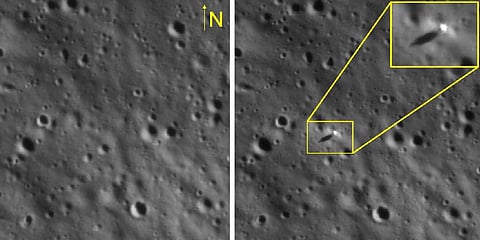 An image of lander Vikram captured by the Chandrayaan 2 orbiter Pradhan. The picture was released by the official handle of the Chandrayaan 3 mission