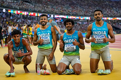 Rajesh Ramesh, Muhammed Ajmal Variyathodi, Amoj Jacob and Muhammed Anas Yahiya of India celebrate after qualifying for the World Athletics Championship final. (Photo | PTI)