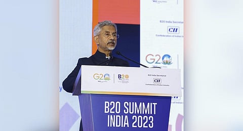 EAM S Jaishankar addresses a session on 'Role of Global South in Emerging World 2.0' at the B20 Summit India 2023, in New Delhi, Sunday, Aug. 27, 2023. (Photo | PTI)