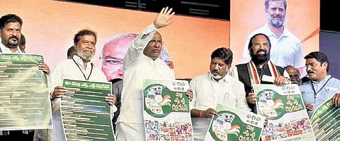 Congress president Mallikarjun Kharge and other leaders release the party’s SC/ST Declaration during a public meeting in Chevella on Saturday