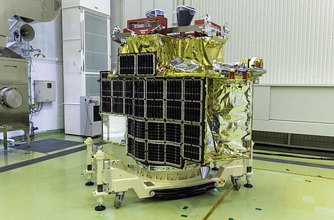 'Smart Lander for Investigating Moon' (SLIM) at the satellite fairing assembly building at the Tanegashima Space Center, Kagoshima prefecture. (Photo | AFP)