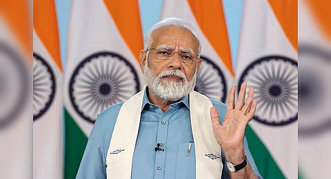 PM Narendra Modi speaks during a programme organised for distribution of appointment letters to newly inducted recruits in government departments, on Monday, Aug. 28, 2023. (Photo | PTI)