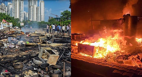 A collage of charred remains of a shop (L) and flames rising from another shop that was set ablaze by miscreants during fresh violence in Gurugram, Haryana, Aug 1, 2023. (Photo | PTI)
