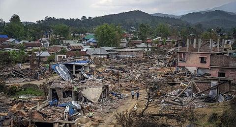 FILE - Dozens of houses lay vandalised and burnt during ethnic clashes and rioting in Sugnu, Manipur, Wednesday, June 21, 2023. (Photo | AP)