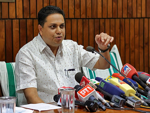 Speaker A N Shamseer at a press meet in Thiruvananthapuram. (Photo | B P Deepu)