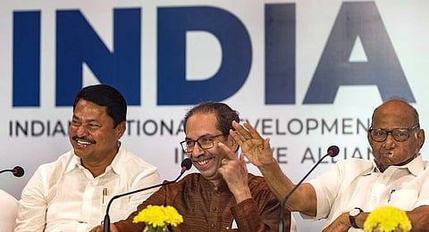 Congress Maharashtra President Nana Patole, Shiv Sena (UBT) Chief Uddhav Thackeray and NCP chief Sharad Pawar during the MVA press conference on the eve of I.N.D.I.A. alliance meeting, in Mumbai. (PTI