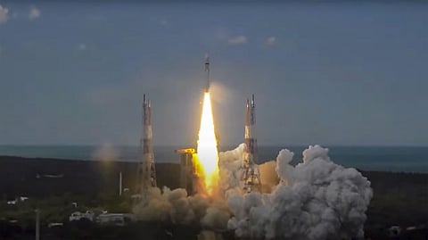 Representative Image: The Mark-III (LVM3) M4 rocket carrying 'Chandrayaan-3' seen lifting off from the launchpad at Satish Dhawan Space Centre.