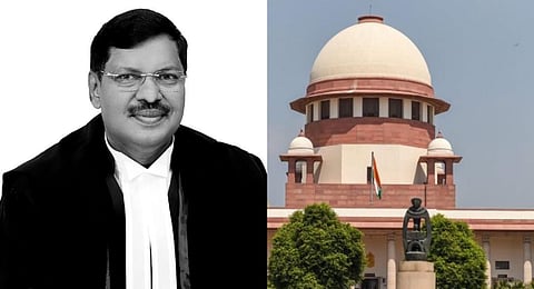 A collage of the Supreme Court of India and Justice BR Gavai (L), who is in line to become the CJI on May 14th, 2025. (Photos | PTI, main.sci.gov.in)