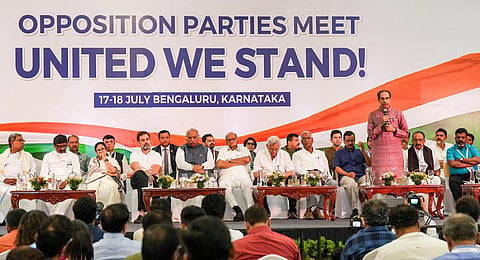 FILE - The second meeting of the alliance of Opposition parties - Indian National Developmental Inclusive Alliance (INDIA), in Bengaluru on July 18, 2023. (Photo | PTI)