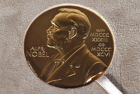 A Nobel medal displayed during a ceremony in New York, Dec. 8, 2020. (Photo | AP)