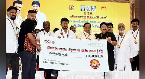 Sports Minister Udhayanidhi Stalin and senior leaders at the DMK’s sports wing office-bearers meeting in Chennai. (Photo | P Ravikumar)