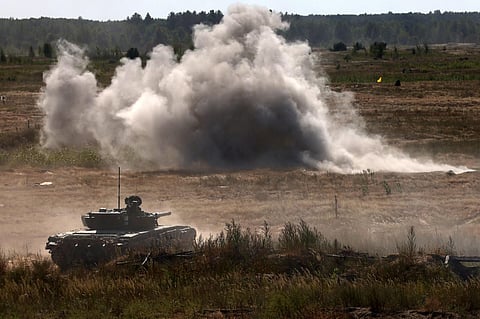 Ukrainian tanks take part in a training excercise in the Chernigiv region amid the Russian invasion of Ukraine. (Photo | AFP)