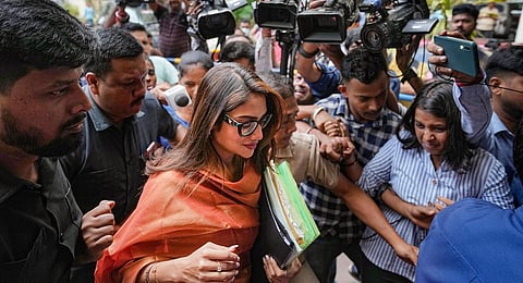 TMC MP Nussrat Jahan arrives at the ED office in Kolkata, on Sept. 12, 2023, for questioning in a case of alleged fraud by a real estate company, of which she was a director. (Photo | PTI)