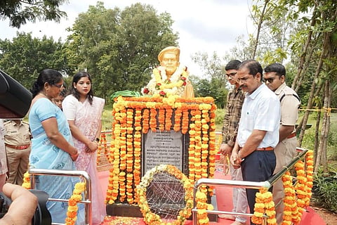 A statue of martyred range officer Ch Srinivasa was unveiled in Bhadradri Kothagudem district on Monday