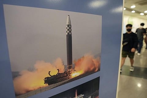 A photo showing North Korea's missile launch is displayed at the Unification Observation Post in Paju, South Korea, near the border with North Korea, Wednesday, Sept. 13, 2023. (Photo | AP)