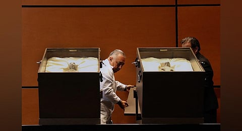 Alleged bodies of two 'non-human' beings were exhibited at the Mexican Congress in Mexico City on September 12, 2023. (Photo | AFP)