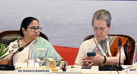 FILE - A representational image of TMC supremo Mamata Banerjee and former AICC president Sonia Gandhi from the first meeting of opposition parties in Bengaluru, July 18, 2023. (Photo | EPS)