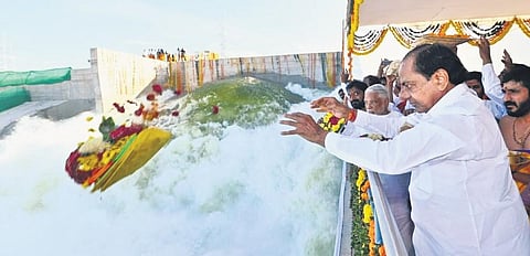 CM K Chandrasekhar Rao performs puja during the wet-run ceremony of the PRLIS in Narlapur on Saturday. It will help farmers in drought-hit Palamuru region