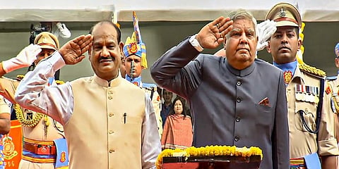 Rajya Sabha Chairman Jagdeep Dhankhar with Lok Sabha Speaker Om Birla during the flag hoisting ceremony at new Parliament building, in New Delhi,