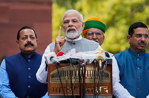 Prime Minister Narendra Modi addresses the media on the first day of the special session of Parliament, in New Delhi on Monday. (Photo | PTI)