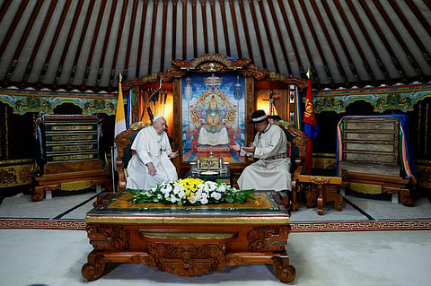 Mongolian President Ukhnaagin Khurelsukh and Pope Francis meet, on Saturday, at the State Palace in Sukhbaatar Square in Ulaanbaatar. (Photo | AP)