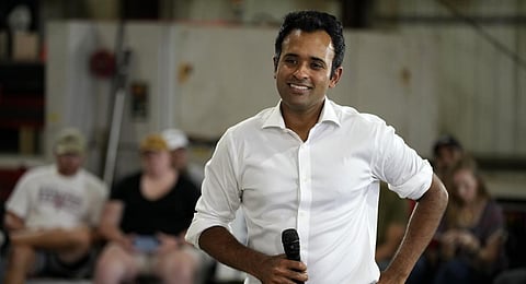 Republican presidential candidate Vivek Ramaswamy seen speaking during a campaign stop in Vail, Iowa. (File Photo | AP)