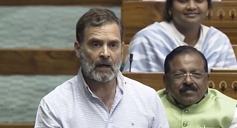 Congress leader Rahul Gandhi speaks during the debate on the Women's Reservation Bill in the Lok Sabha, Sept 20, 2023. (Photo | Sansad TV)