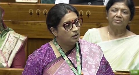 Women and Child Development Minister Smriti Irani speaks on the Women's Reservation Bill in the Lok Sabha, on Sept 20, 2023. (Photo | SansadTV)