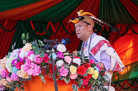 Arunachal Pradesh Chief Minister Pema Khandu at a public meeting held in Yachuli where he announces the creation of a new district, Keyi Panyor. (Photo | Pema Khandu Twitter)