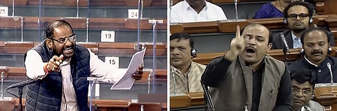 BJP MP Ramesh Bidhuri (L) and BSP MP Kunwar Danish Ali during a session in the Lok Sabha, in New Delhi. (Photo | PTI)